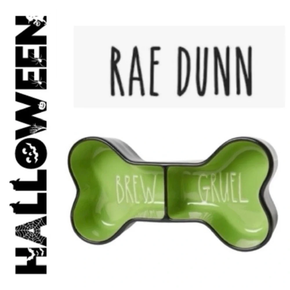 🎃👻 RAE DUNN Black / Green Brew and Gruel Pet Bowl NIB